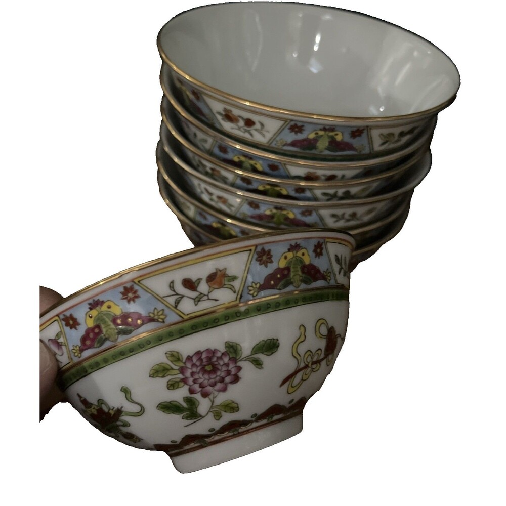 7 Chinese Porcelain Rice Bowl Vintage Famille Rose Medallion Flower Hand Painted